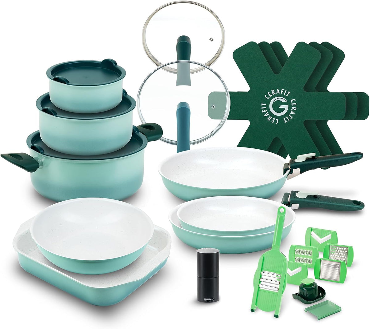 Genius batterie de cuisine, Noir/Argenté, Cerafit Revolution Vario 27 pièces, revêtement céramique, poignées amovibles