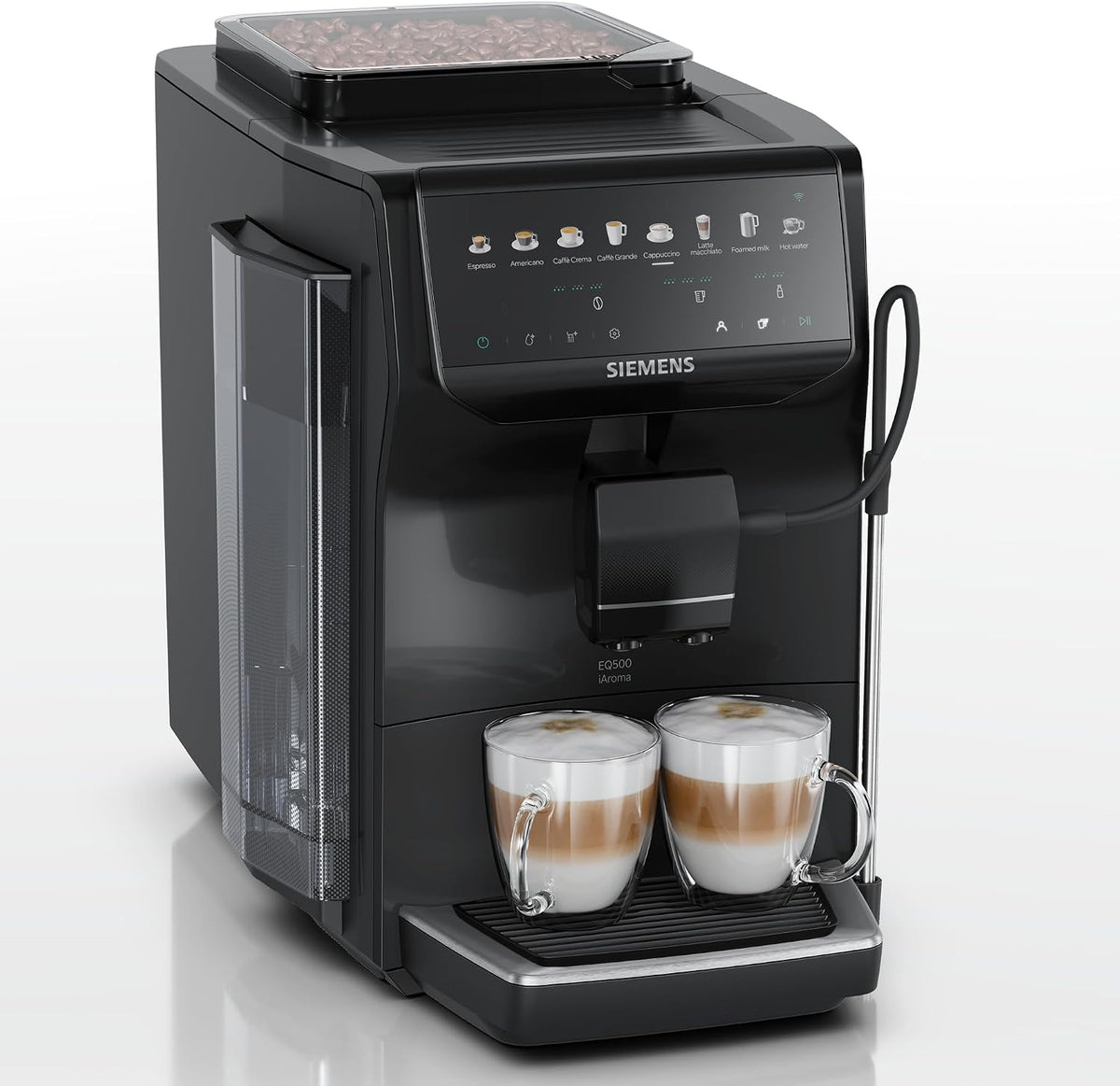 SIEMENS machine à café, Noir, EQ500 iAroma, automatique avec broyeur intégré, commandes tactiles pour 8 boissons et personnalisation rapide