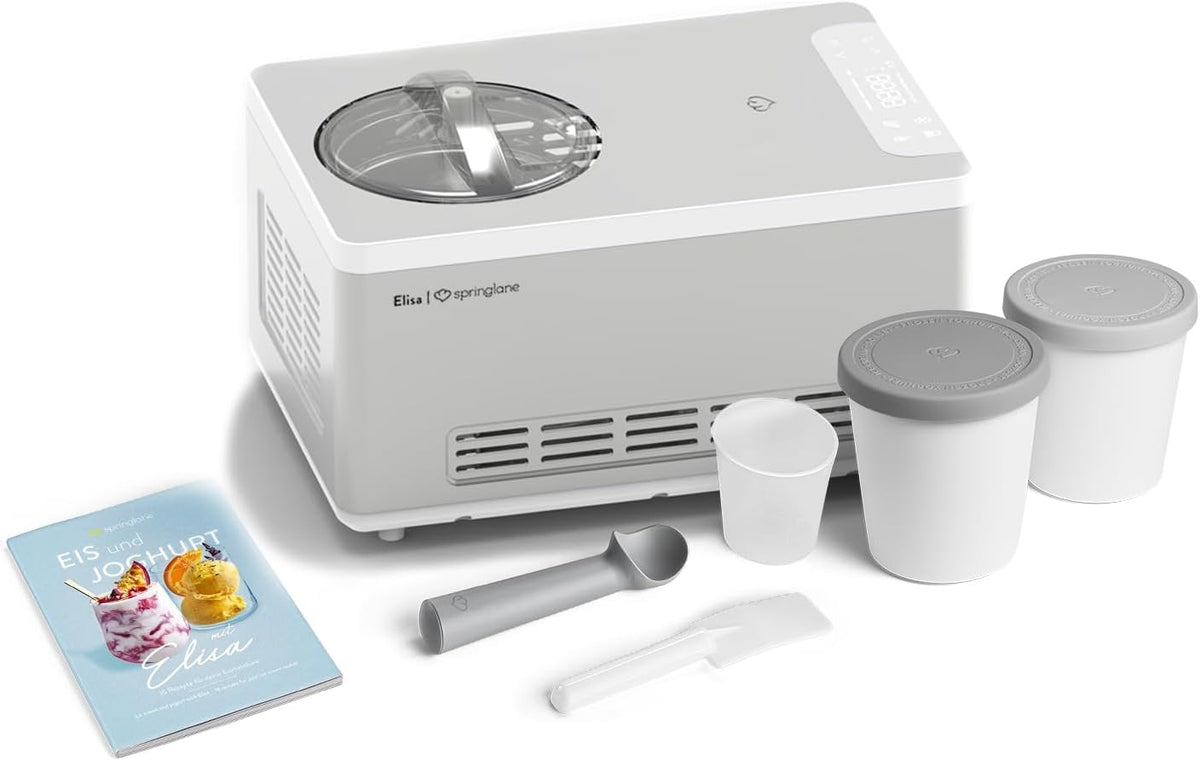 Springlane Kitchen sorbetière, 42,2 x 28,2 x 27,2 cm, 2,0 L, 180 W, boîtier en acier inoxydable, boîte à glace en aluminium anodisé, accessoires