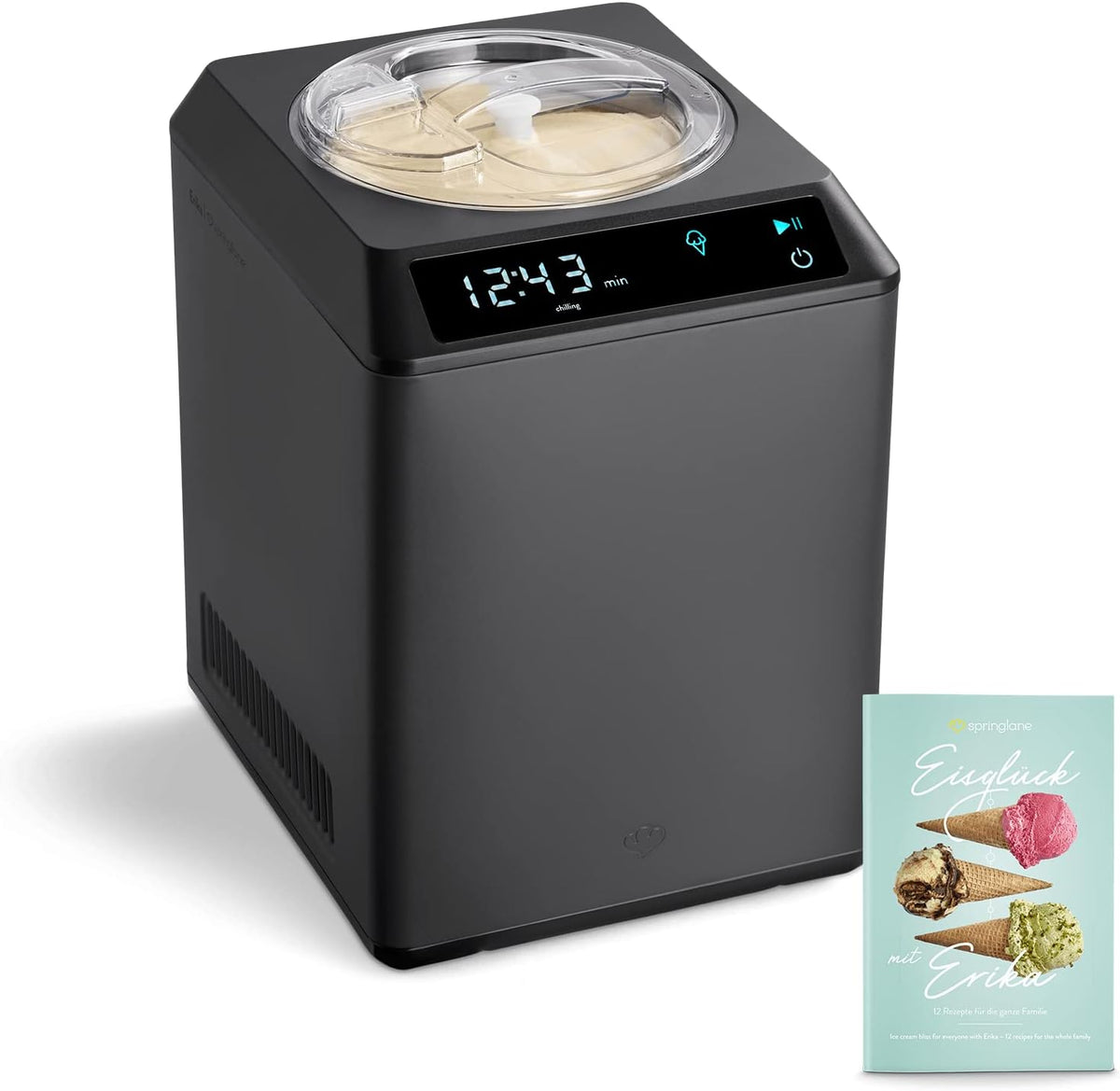 Springlane Kitchen sorbetière, 2,5 litres, 2,5 L, 250 W, Argenté/Noir, SPRINGLANE & yaourtière Erika avec compresseur auto-refroidissant