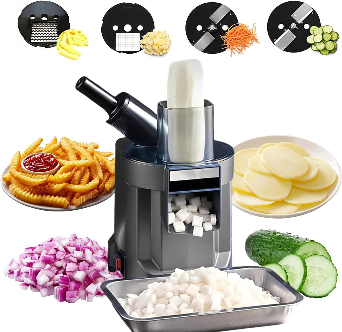 CHHMAELOVE trancheuse électrique, 100 W, Argenté, Coupe-légumes électrique 4-en-1 avec coupe-frites ondulé