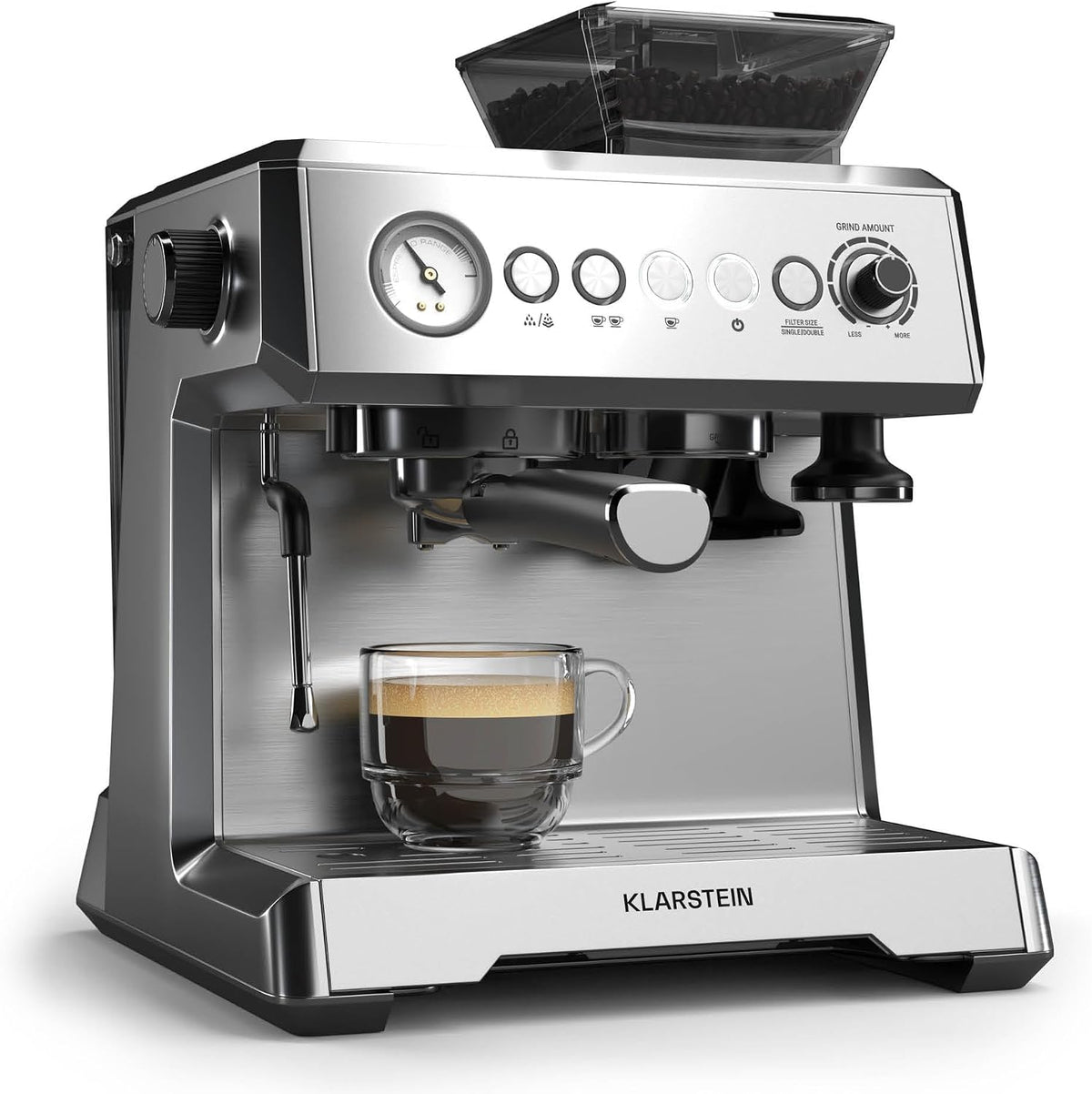 KLARSTEIN machine à café, 1350 W, 2.3 L, Noir/Argenté, GrandPresso Grain, Moulin Intégré, Buse Vapeur, Réservoir
