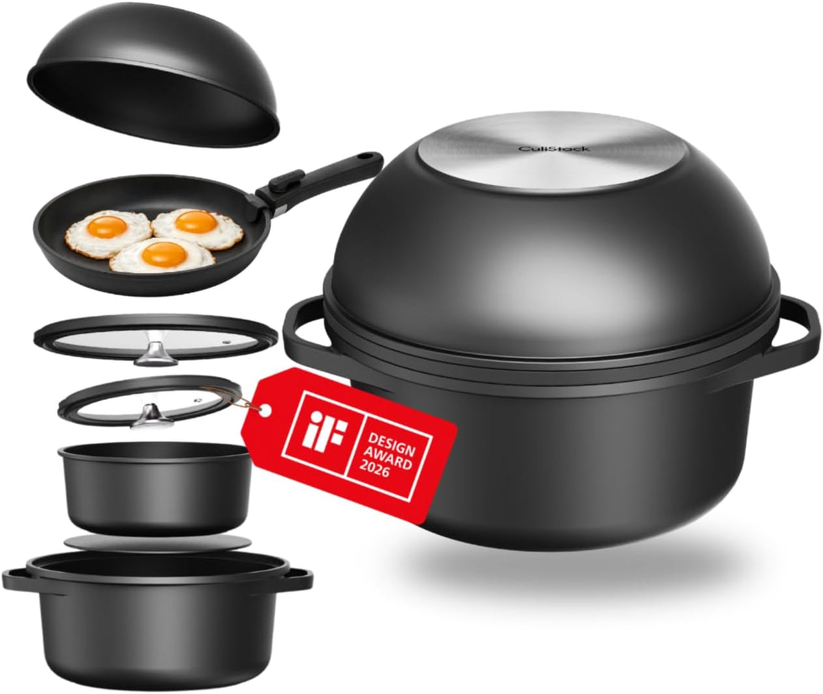 CuliStack batterie de cuisine, Noir, Essential 8 Pièces, Casserole Induction, Casseroles et Poêles à Poignée Amovible