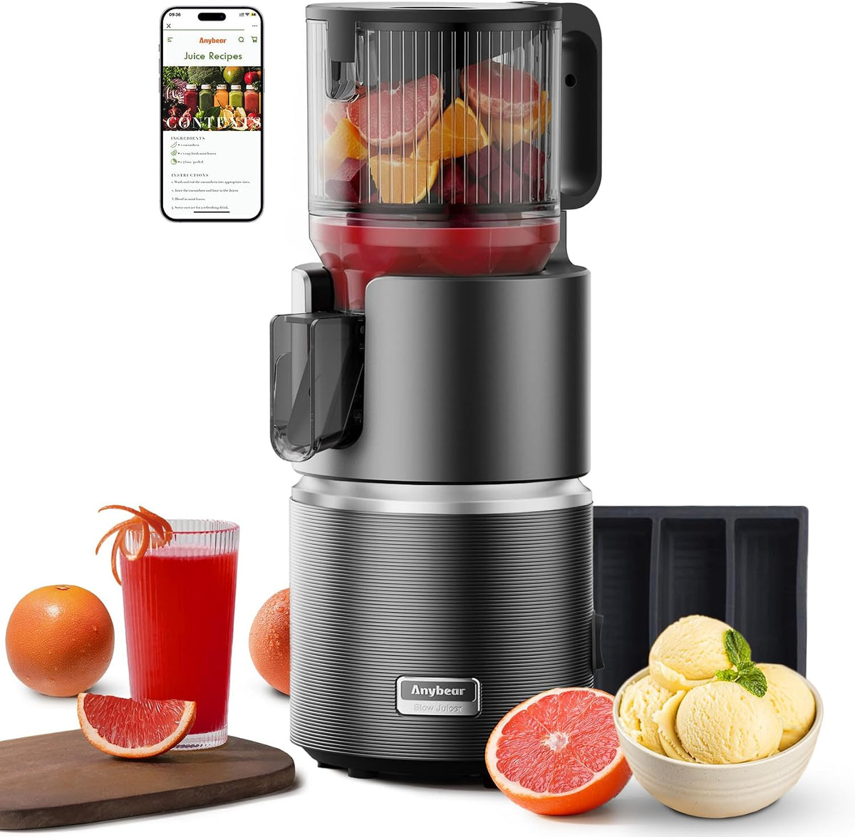 Anybear Extracteurs de jus à vis simple, 350 W, 124 mm, Noir, Extracteur de Jus à Froid, Lait de Noix & Sorbet