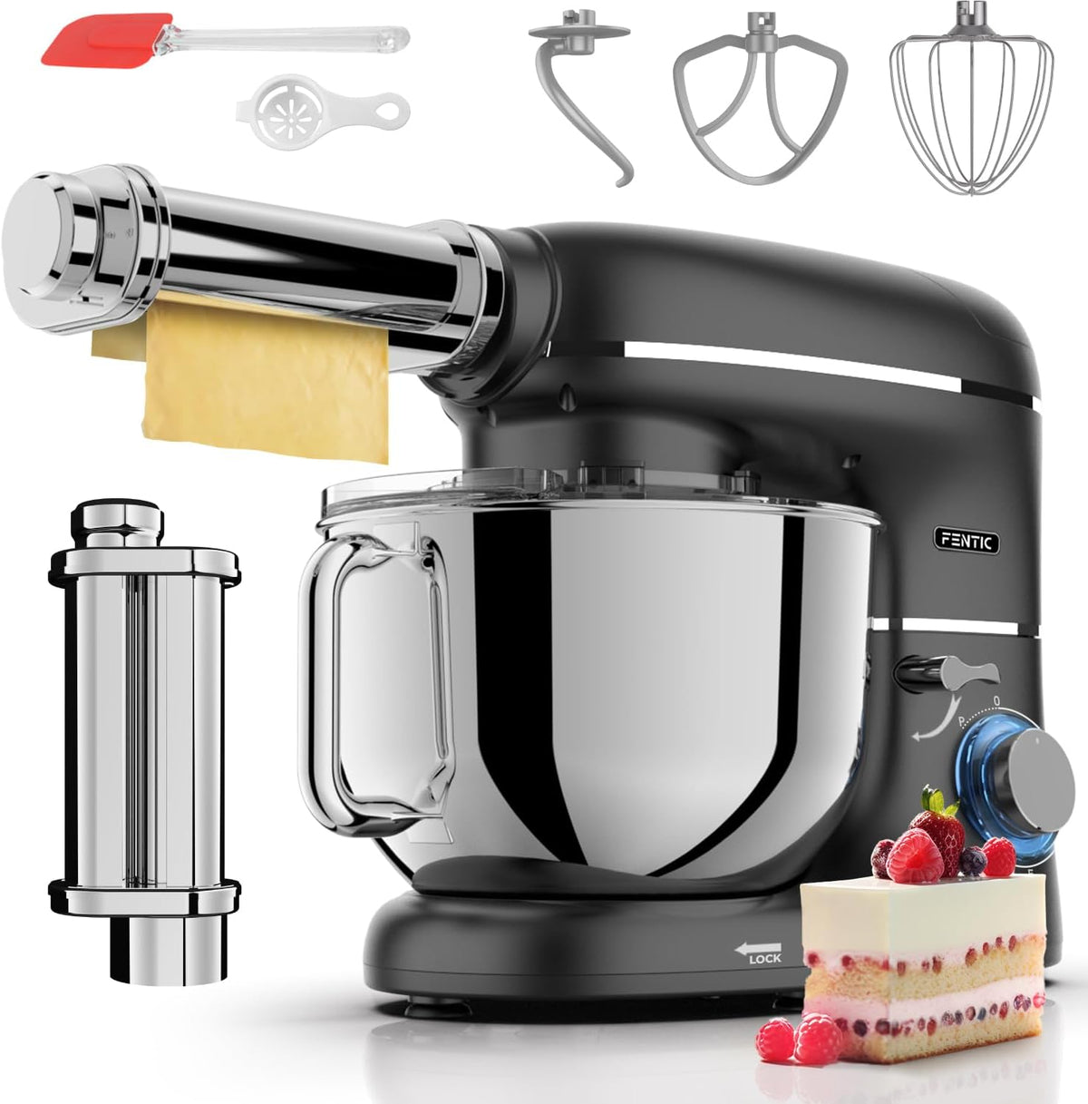 Fentic robot pâtissier, 2000 W, 6,2 L, Noir, avec Machine a Pates Fraiche, Robot Cuisine avec Machine a Pate