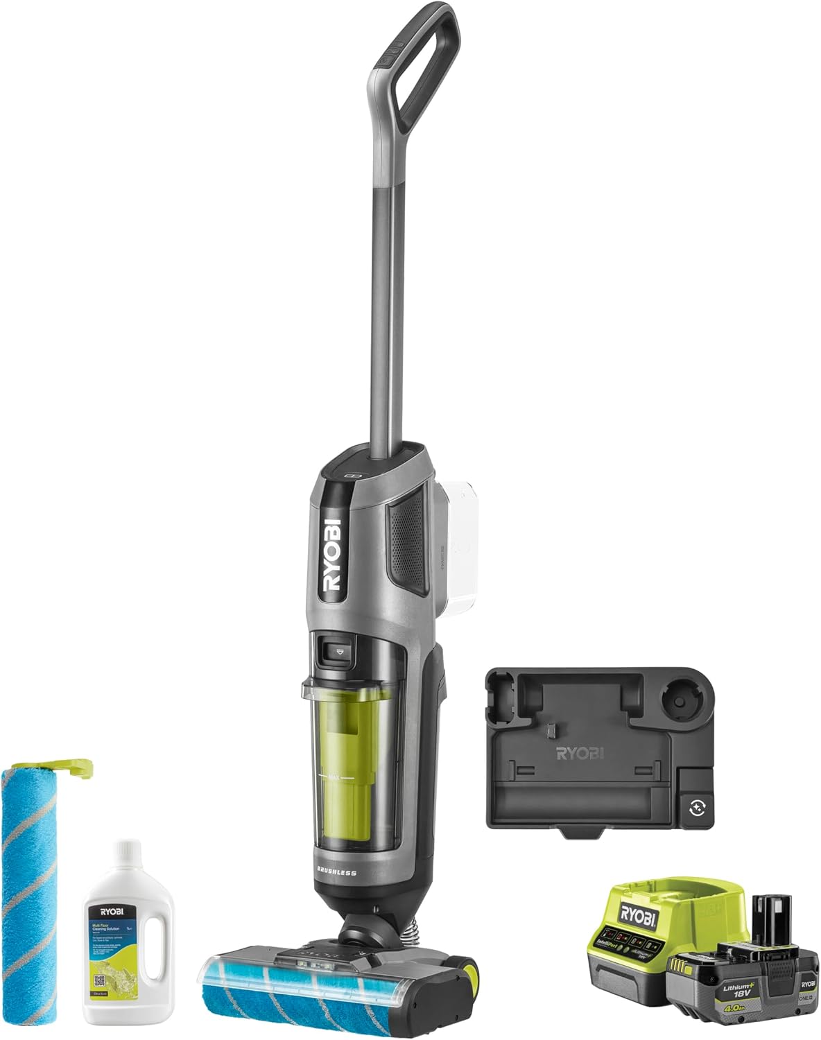 RYOBI Aspirateurs balais et balais électriques, 18 V, 4,0 Ah, 1X40, Noir, Aspirateur Laveur Balai 3-en-1 Brushless One+™