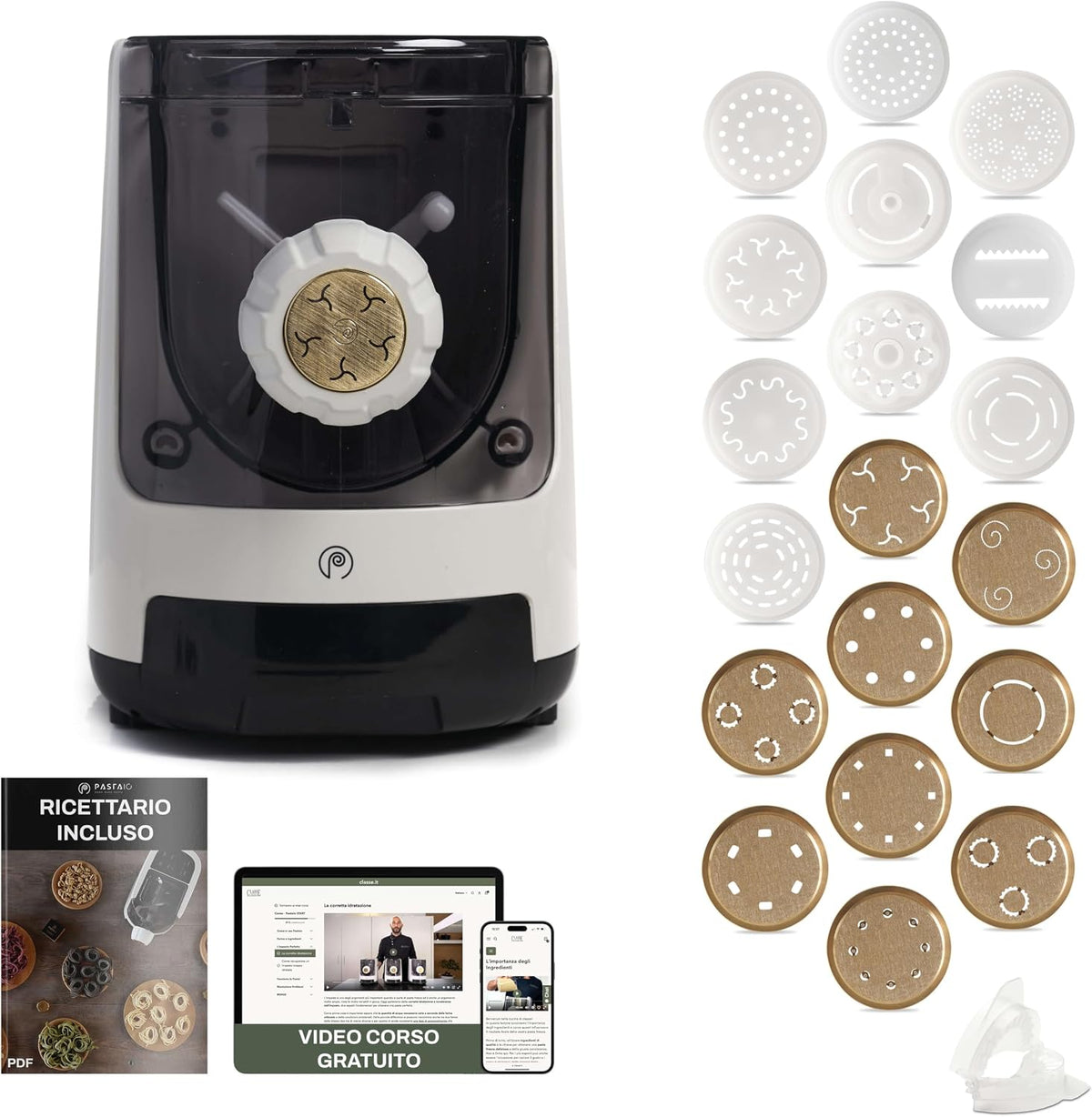 CLASSE ITALY machine à pâtes, 800 g, Noir, PASTAIO MASTER EDITION avec 20 Matrices dont 9 en bronze. Pasta Maker