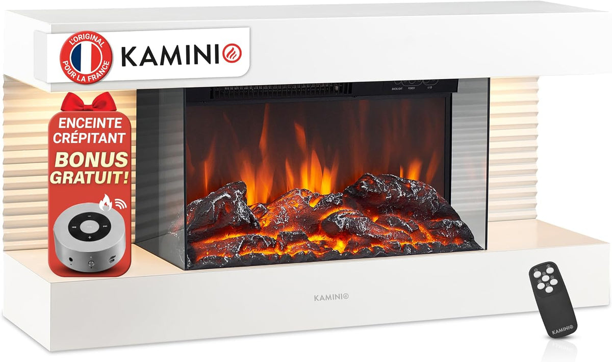 KAMINIO cheminée électrique, Blanc, LIZ - Cheminée Murale avec Chauffage, Effet de Flamme 3D, lumière d'ambiance LED