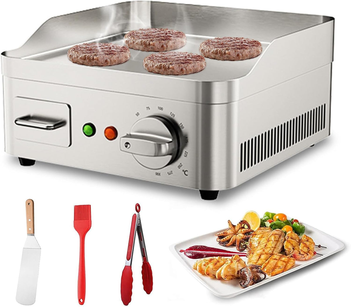 RUYICZB plancha, 2000 W, 2000 W, 220 V, Argenté, 13.7' Électrique Professionnelle, Plaque De Barbecue en Acier Inoxydable Commercial