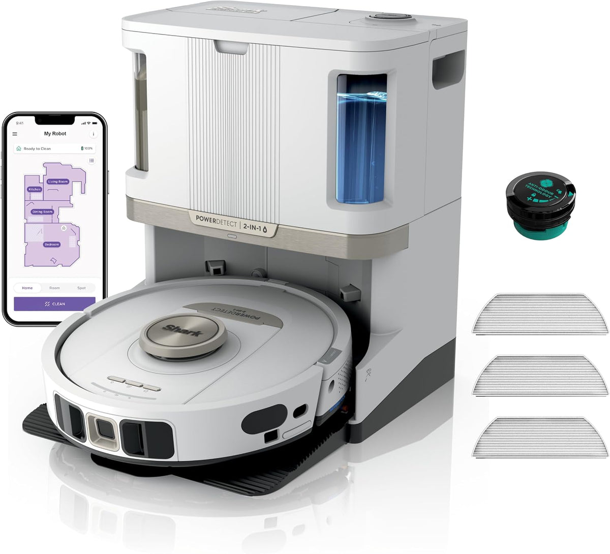 Shark robot aspirateur, Blanc, Navigation 3D LiDAR, Wi-FI/App, 3 tampons Anti-microbiens, 1 Cartouche Anti-odeurs et 2 brosses
