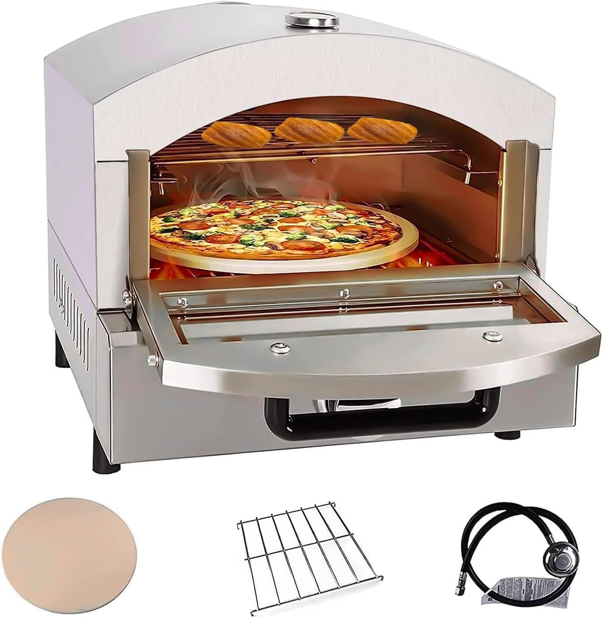 YXYLJOZ four à pizza, 30 cm, Argenté, à gaz dextérieur avec thermomètre intégré, portable au propane cuisine extérieure