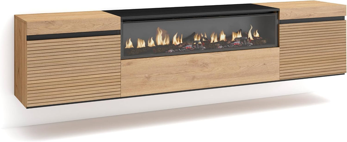 Skraut Home cheminée électrique, 102 cm., 34 W., 200x45x35 cm, Marron, Meuble TV, Banc Télé, Grand Espace de Rangement