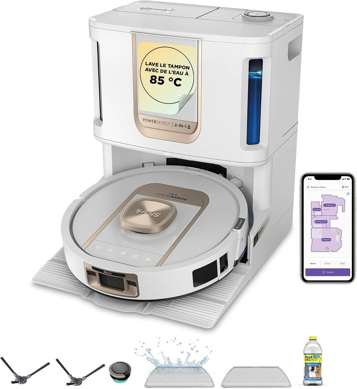 Shark robot aspirateur, Noir, ThermaCharged PowerDetect, Laveur AV2910XEEUWH, désinfection 85°C, vidage automatique 60 jours sans sac