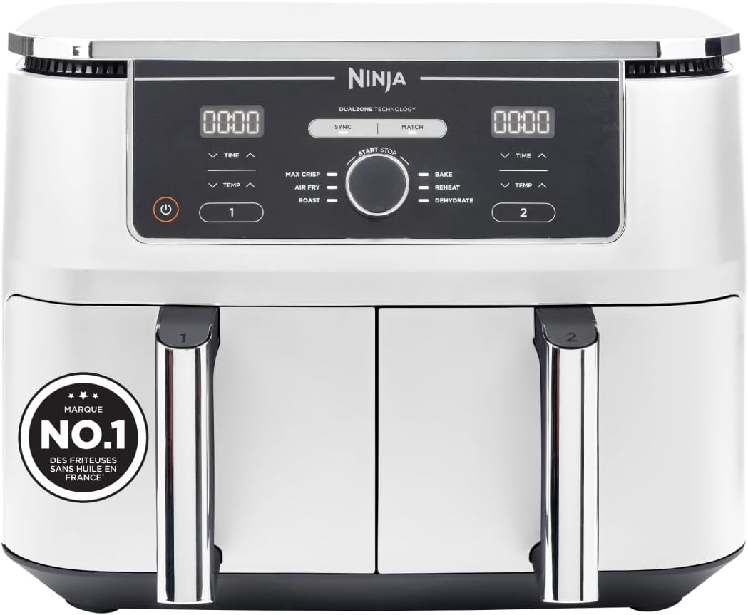 NINJA friteuse à air chaud, 9,5 L, Blanc, Foodi MAX Dual Zone Air Fryer, 2 Tiroirs, 6-en-1 AF400EUWH, Sans Huile