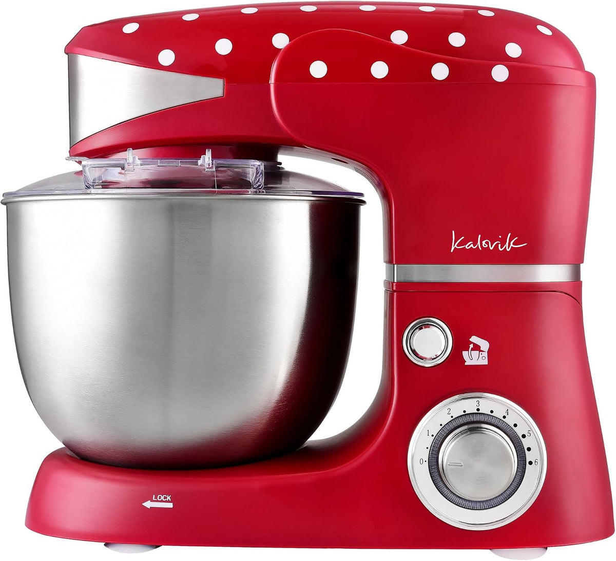 Kalorik robot pâtissier, 1000 W, 5 litres, 000 W, Argenté/Rouge/Blanc, Team avec Bol Inox, 6 vitesses, 4 accessoires