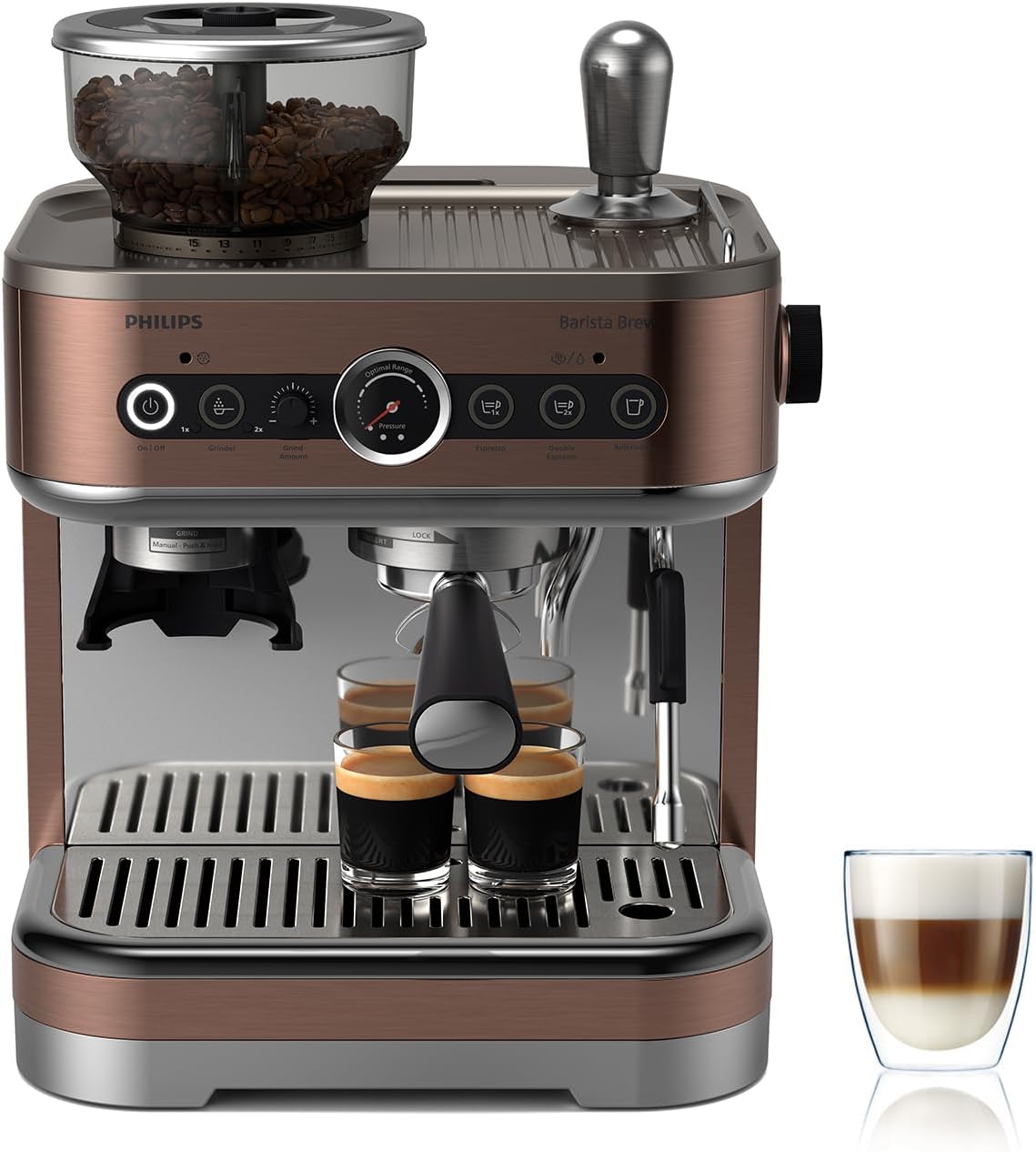 PHILIPS machine à café, 280 g, Noir/Argenté, Machine à expresso semi-automatique Barista Brew, bac à grains