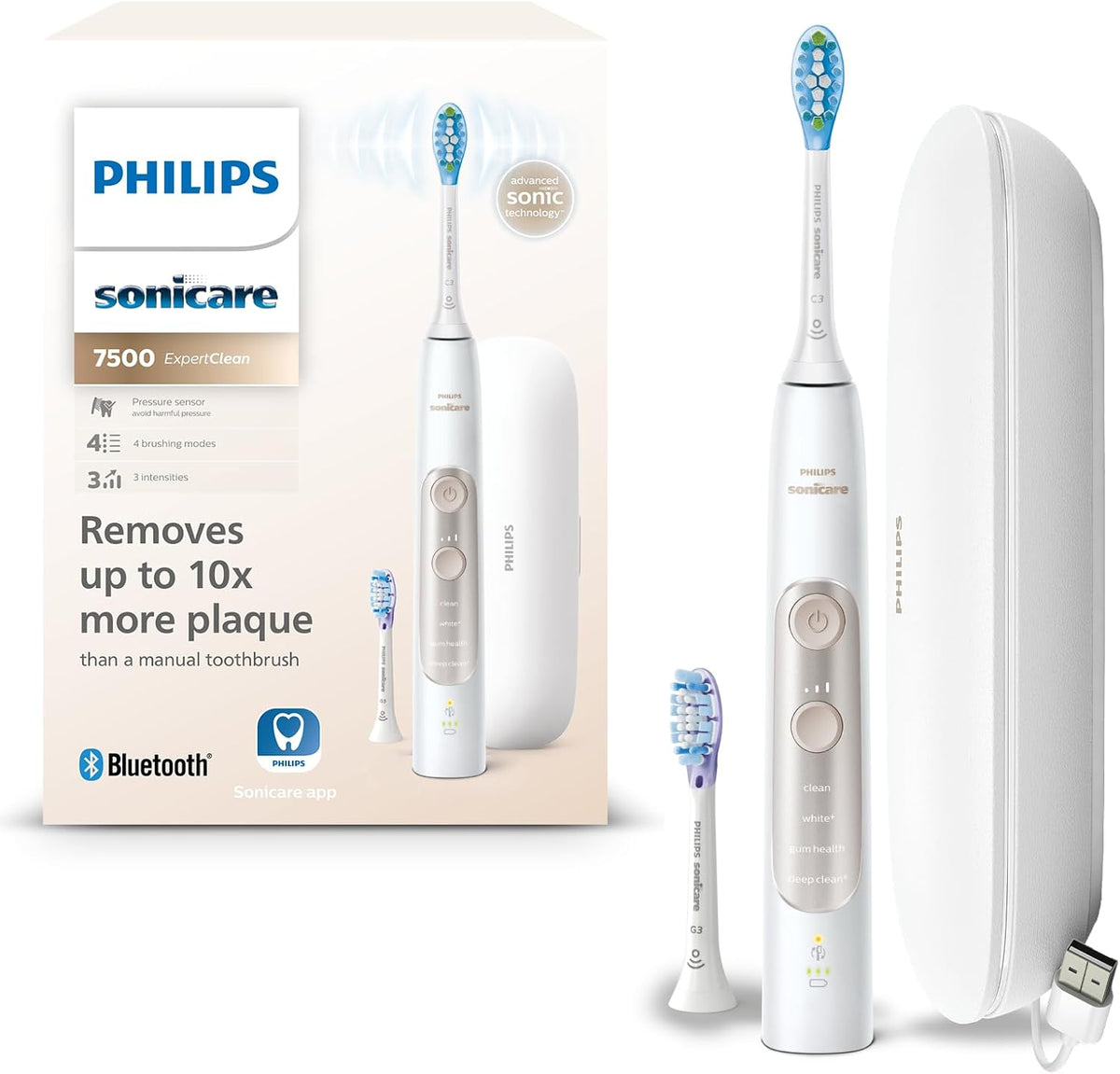 PHILIPS Rotatives, Blanc, Sonicare ExpertClean 7500 - Brosse à dents électrique avec application, 4 modes de brossage et 3 niveaux d'intensité
