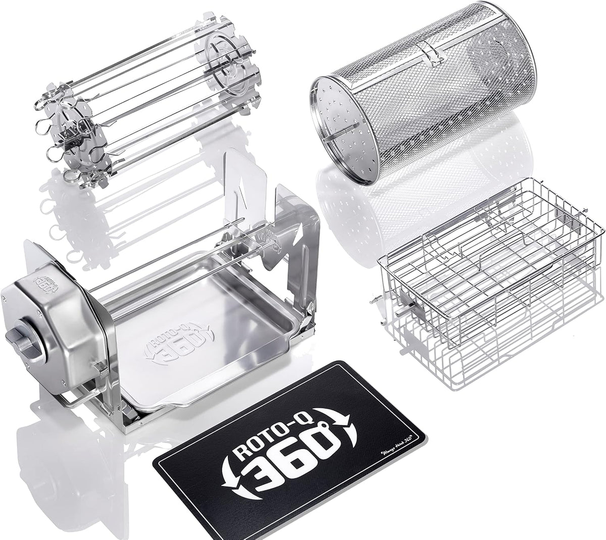 ROTO-Q 360 fumoir, Argenté, Ensemble Familial, Kit de rôtisserie sans Fil pour Grills, Rôtissoire Non électrique