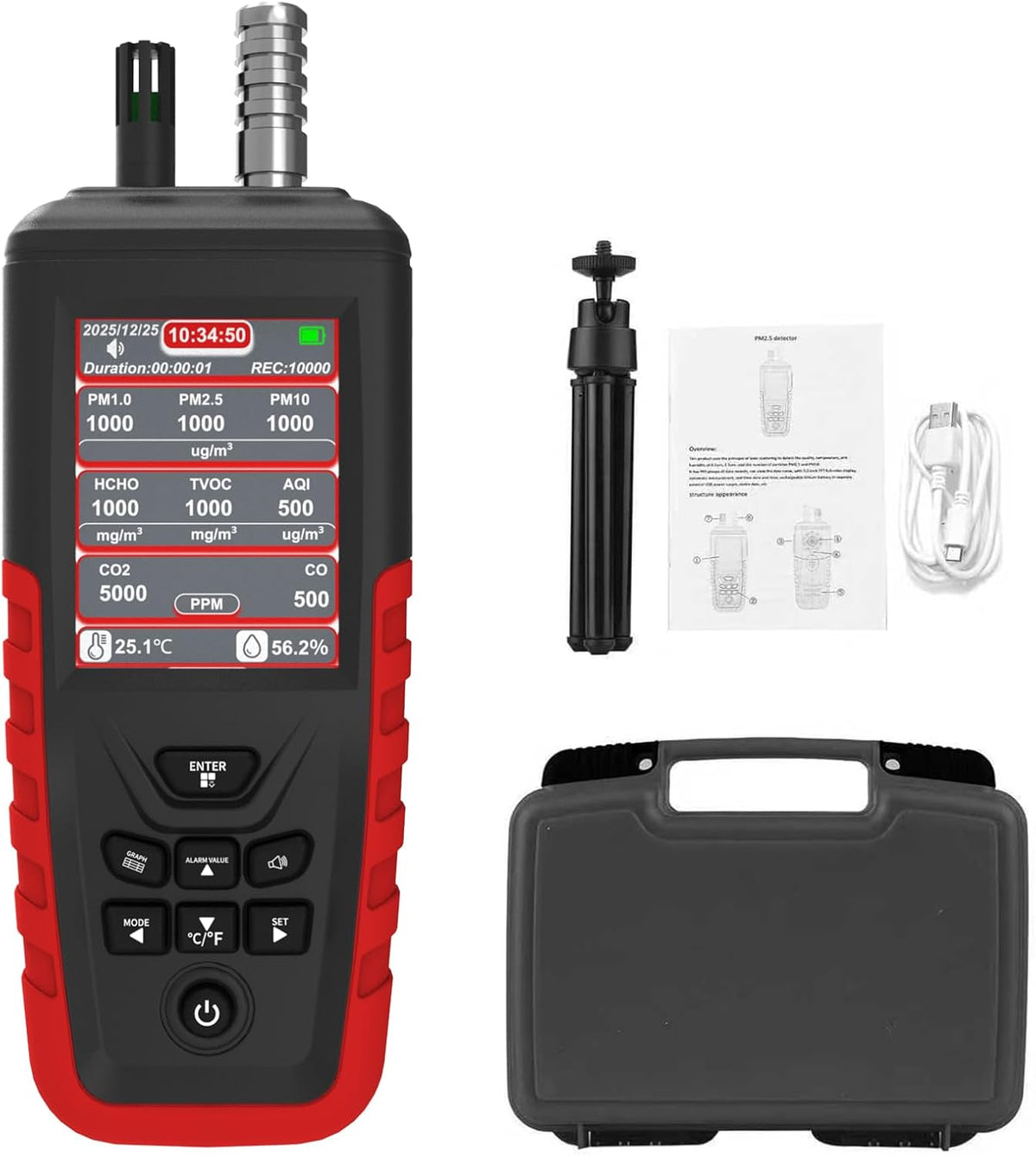 GOLDCHAMP Appareils de mesure de la qualité de l'air intérieur, 222 × 80 × 46 mm., Noir, Compteur de qualité de l'air intérieur avec CO2