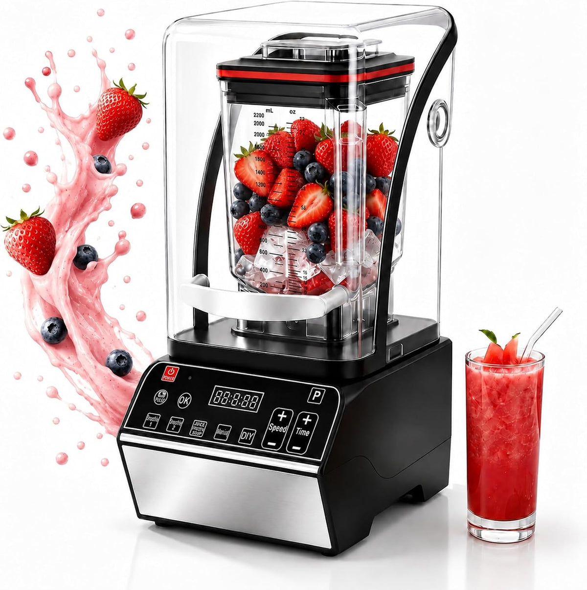 SHUMIAO blender, 450 × 260 × 215 mm / 17,9 × 10,2 × 8,46 po, 2,2 L, 2 200 W, 46000 tr/min, Noir, Professionnel avec Caisson Antibruit Compact