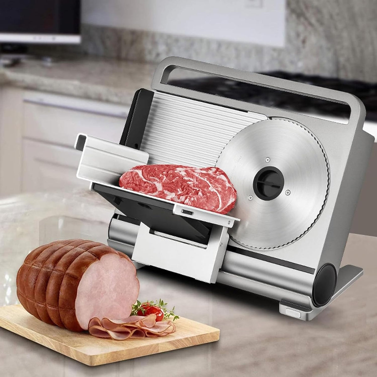 MYUYEE trancheuse électrique, 200 W, Argenté, Trancheuse À Viande Électrique Compacte Et Pliable, Lame en Acier Inoxydable 420