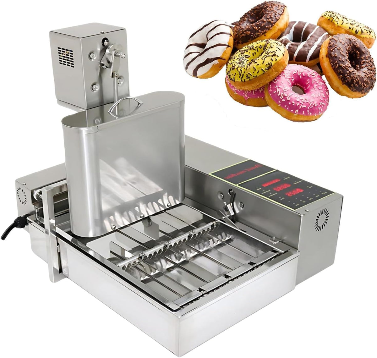 KAIKAFEI Machines à donuts, 2000 W, 110 V / 230 V, 2000 W, 110 V, Acier Inoxydable 304 Durable, Gris, Machine à Donuts Haute Efficacité 4 Rangs