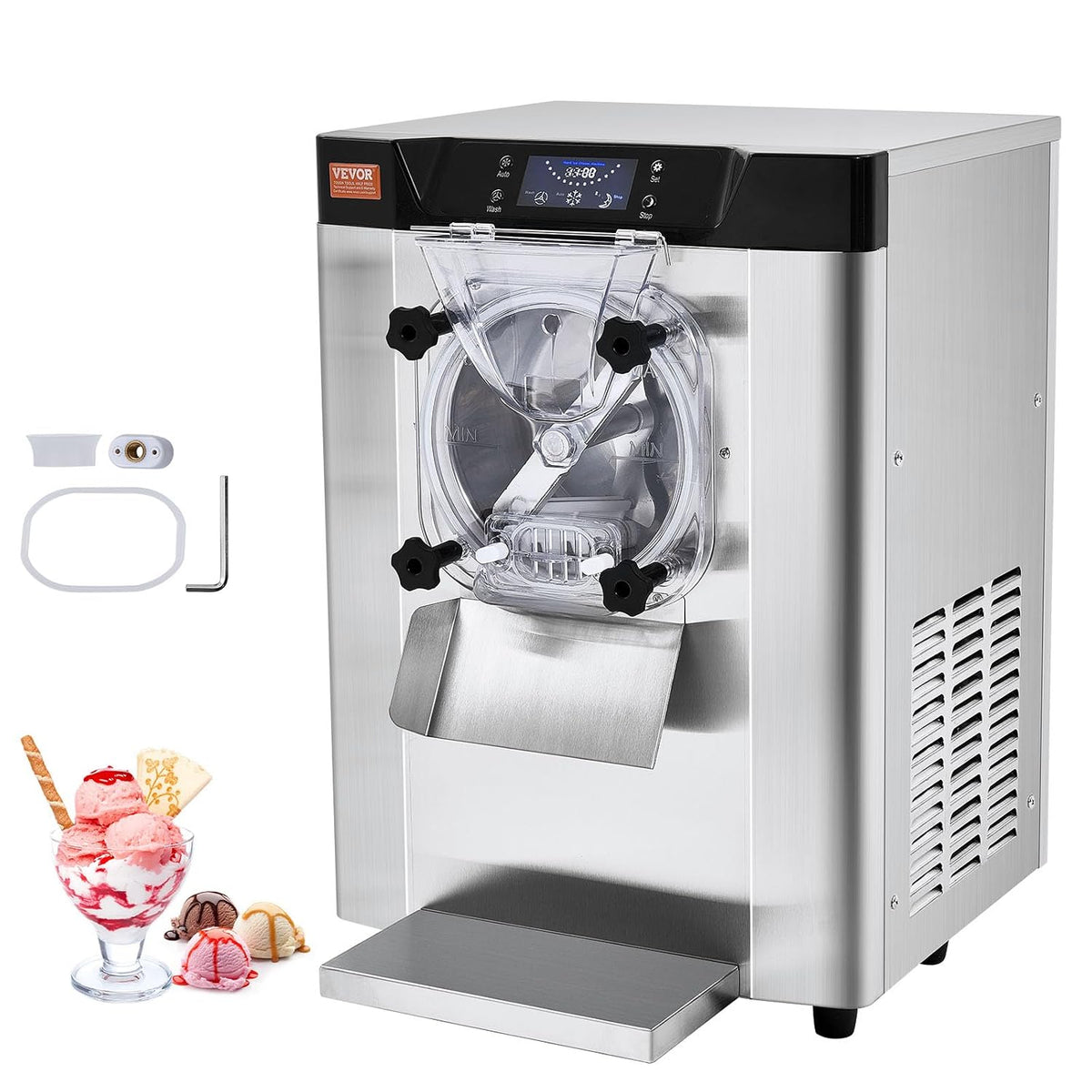 VEVOR sorbetière, 12 L, 1295 W, 4,5 L, Argenté, Commerciale Rendement /h, Turbine à Glace Saveur, Machine à Glace Électrique Cylindre en Inox