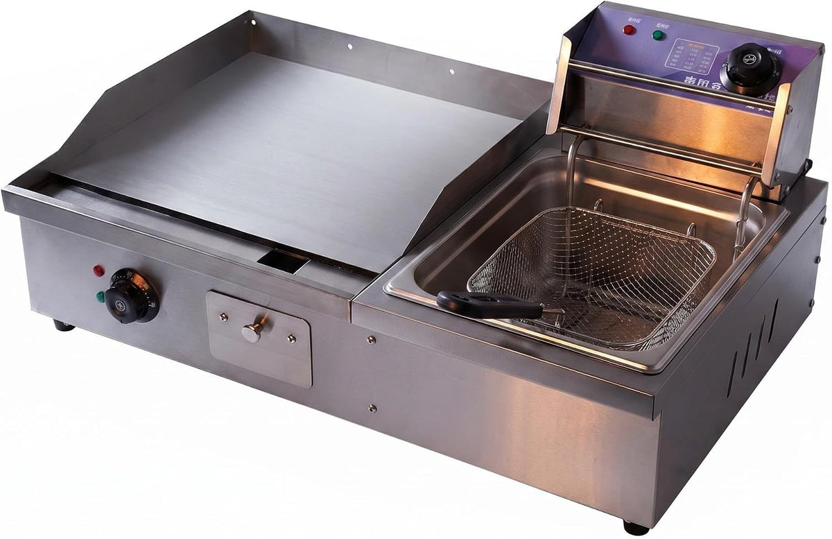 Combiné plancha, 8 mm, Argenté, et Friteuse Électrique 2 en 1 Professionnel, Plaque Pleine Inox Double Thermostat Indépendant