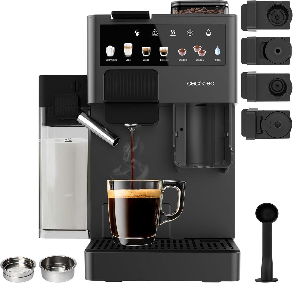Cecotec machine à café, 1400 W, 40 g, 1,6 L, 300 ml, Noir, Cafetière à Capsules Freestyle Grind & Latte, Multi-capsules