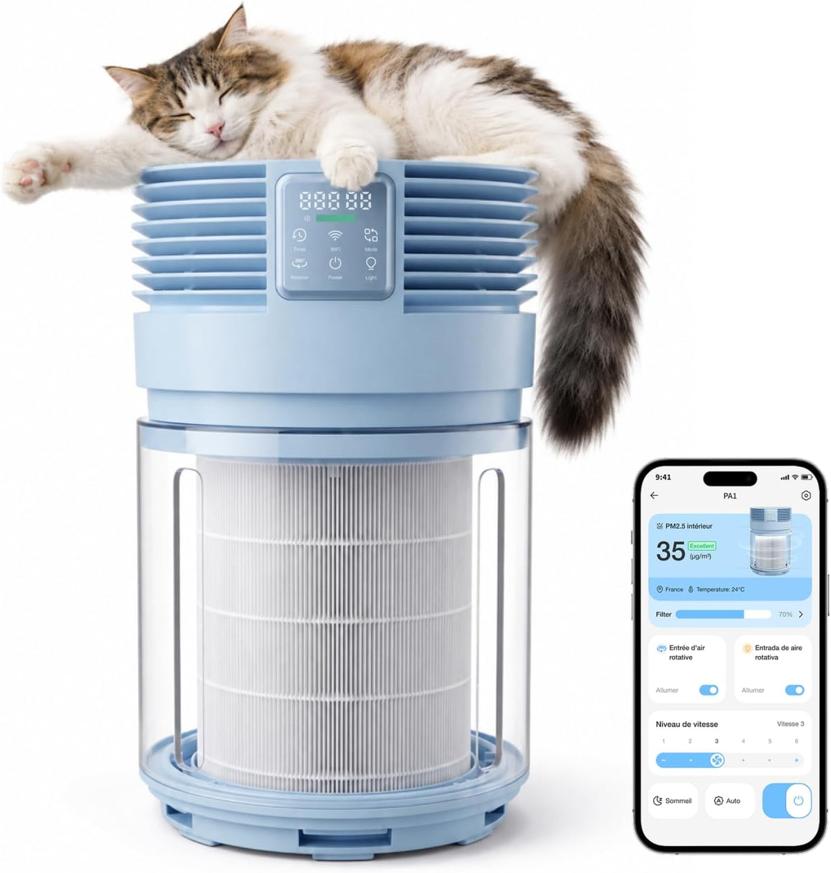 PETGUGU purificateur d'air, 320 m, Blanc, pour animaux HEPA H13, anti-odeurs chat et chien, aspiration 360°