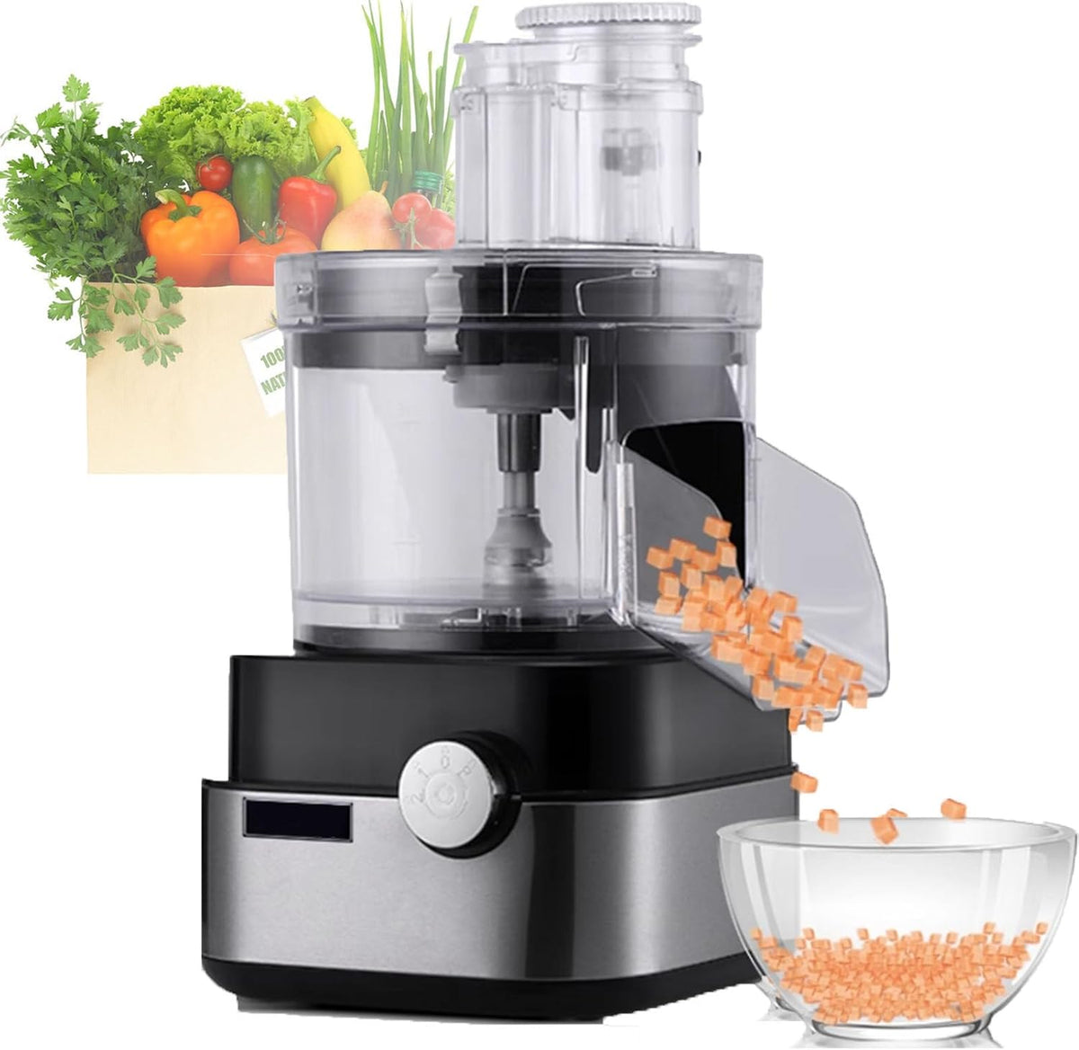 URJWAN Mini-robots et hachoirs, 26 x 25 x 48 cm, 5,0 L, 600 W, 5000 ML, PC + acier inoxydable, Noir, Coupe Legumes Electrique