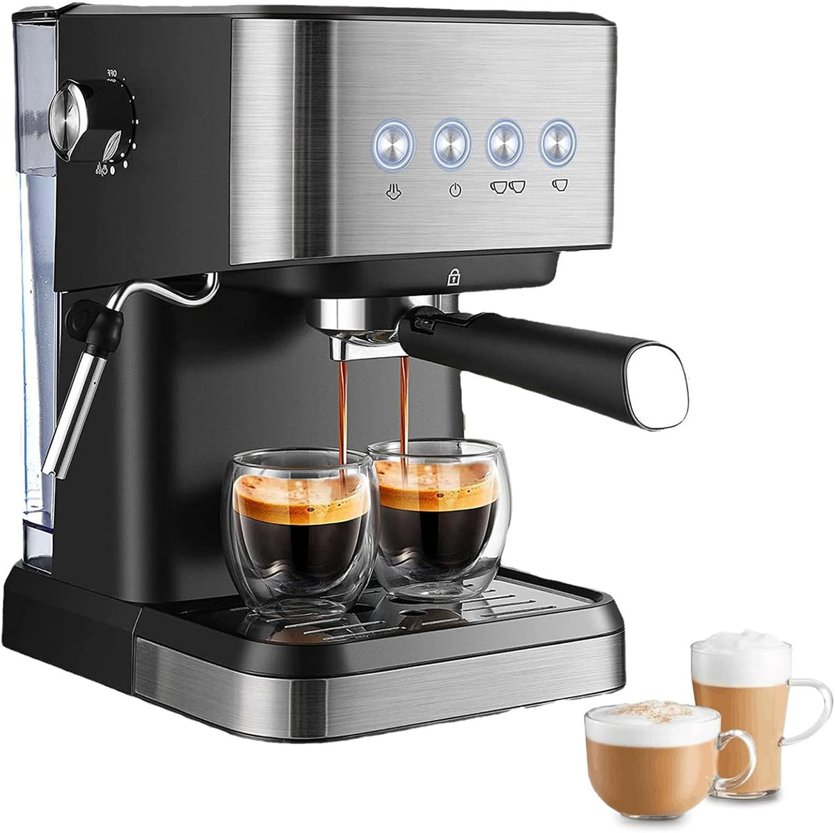 Hydravex machine à café, 18,5 x 28 x 26,4 cm, 1050 W, Noir/Argenté, Machine à Expresso Semi-Automatique, Expresso Simple et Double